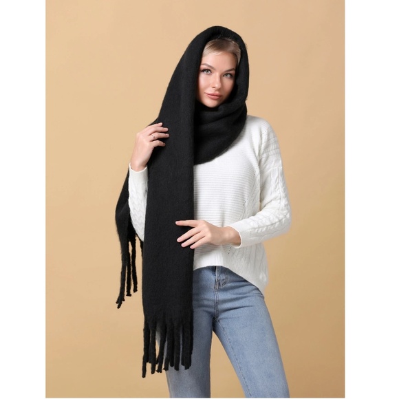 Black Wide Shawl Scarf With Tassels Fuzzy Knit Tassel Fringe Detail Hem - Picture 7 of 11